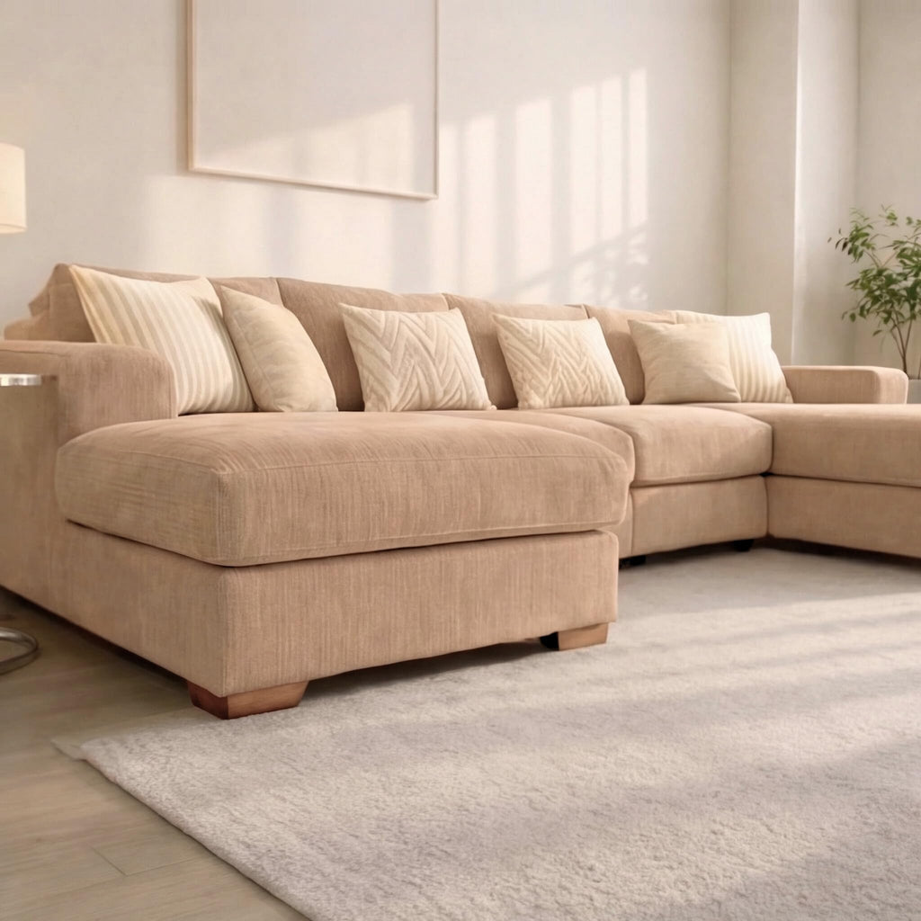 U-Shaped 4-5 Seater Sectional Sofa with Full Back Chaise and Tufted Arms in Beige Linen