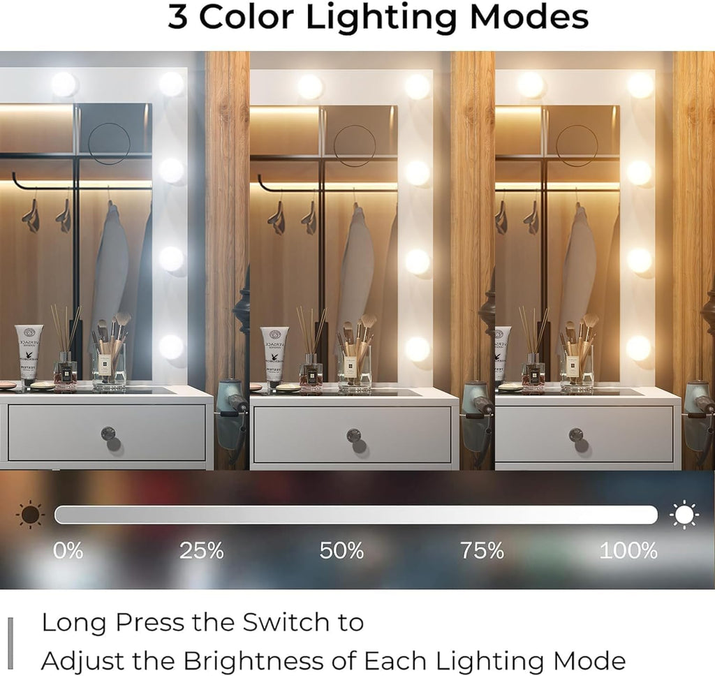 Makeup Vanity Desk with 12-Bulb LED Mirror, 11 Drawers, Built-In Power Outlet and Chair, White Glass Top