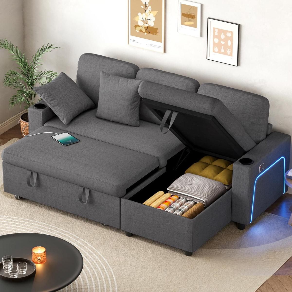 L-Shaped 3-Seater Corner Sofa Bed with LED Lights, USB Charging, Storage and Cup Holders, Grey Linen