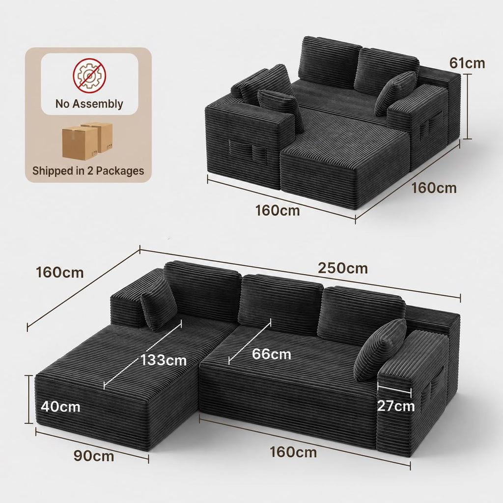 250cm Modular L-Shaped Corner Sofa in Dark Grey Corduroy with Built-In Storage and No Assembly Required