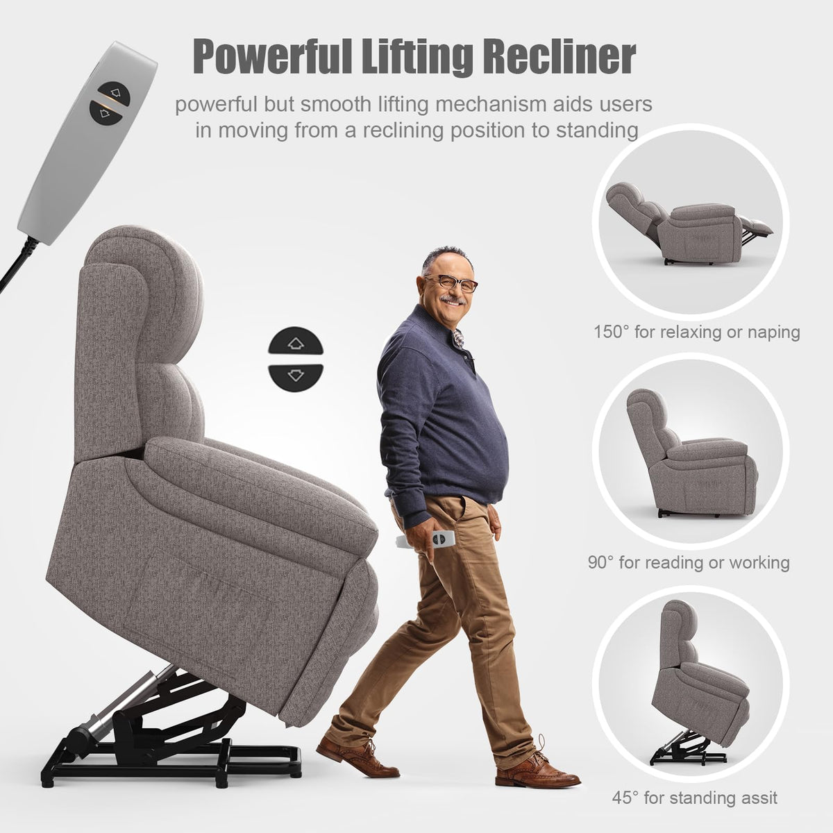 Power Lift Recliner Chair with 8-Point Massage, Heated Lumbar, Extended Footrest and USB Charging, Grey