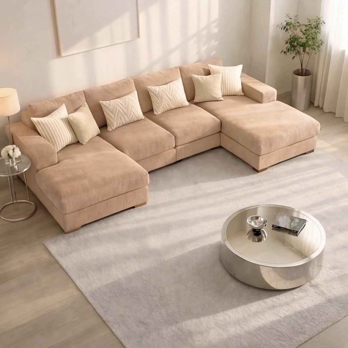 U-Shaped 4-5 Seater Sectional Sofa with Full Back Chaise and Tufted Arms in Beige Linen