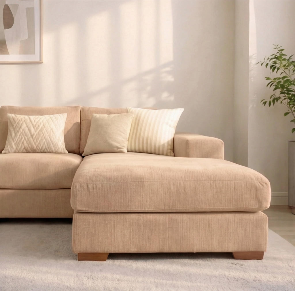 U-Shaped 4-5 Seater Sectional Sofa with Full Back Chaise and Tufted Arms in Beige Linen