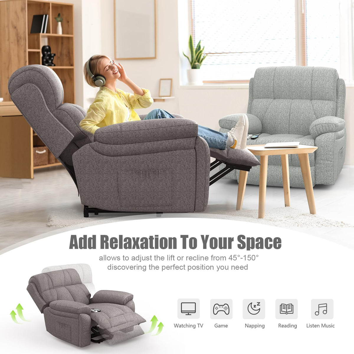 Power Lift Recliner Chair with 8-Point Massage, Heated Lumbar, Extended Footrest and USB Charging, Grey