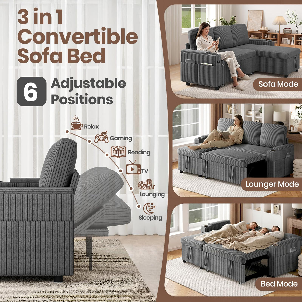 L-Shaped 3-in-1 Velvet Sofa Bed with 6-Position Adjustable Backrest, USB Charging and Storage, Grey