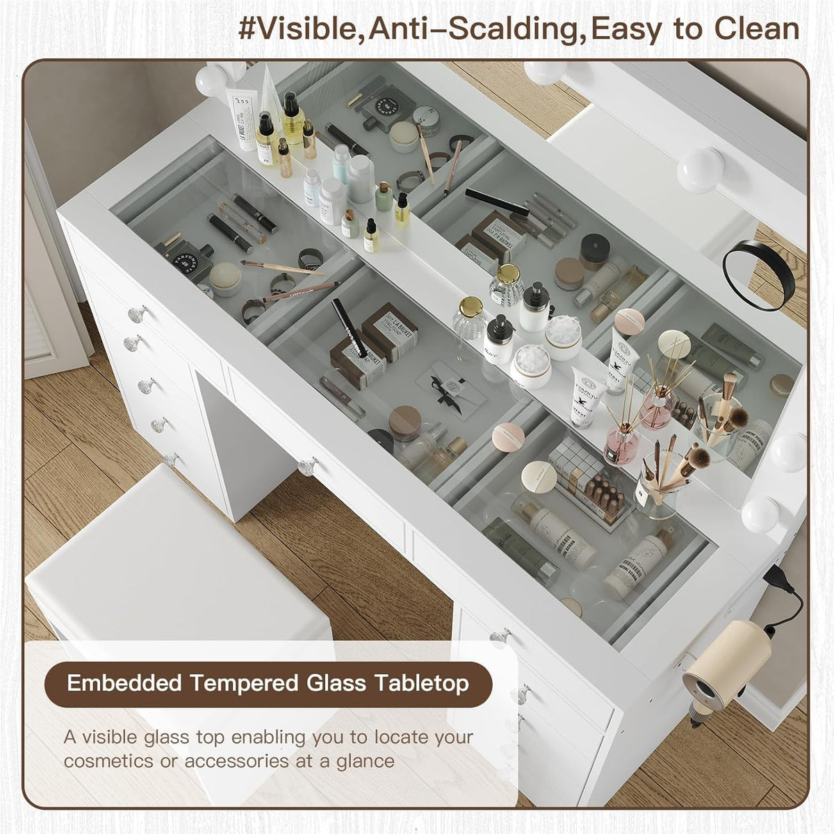Makeup Vanity Desk with 12-Bulb LED Mirror, 11 Drawers, Built-In Power Outlet and Chair, White Glass Top