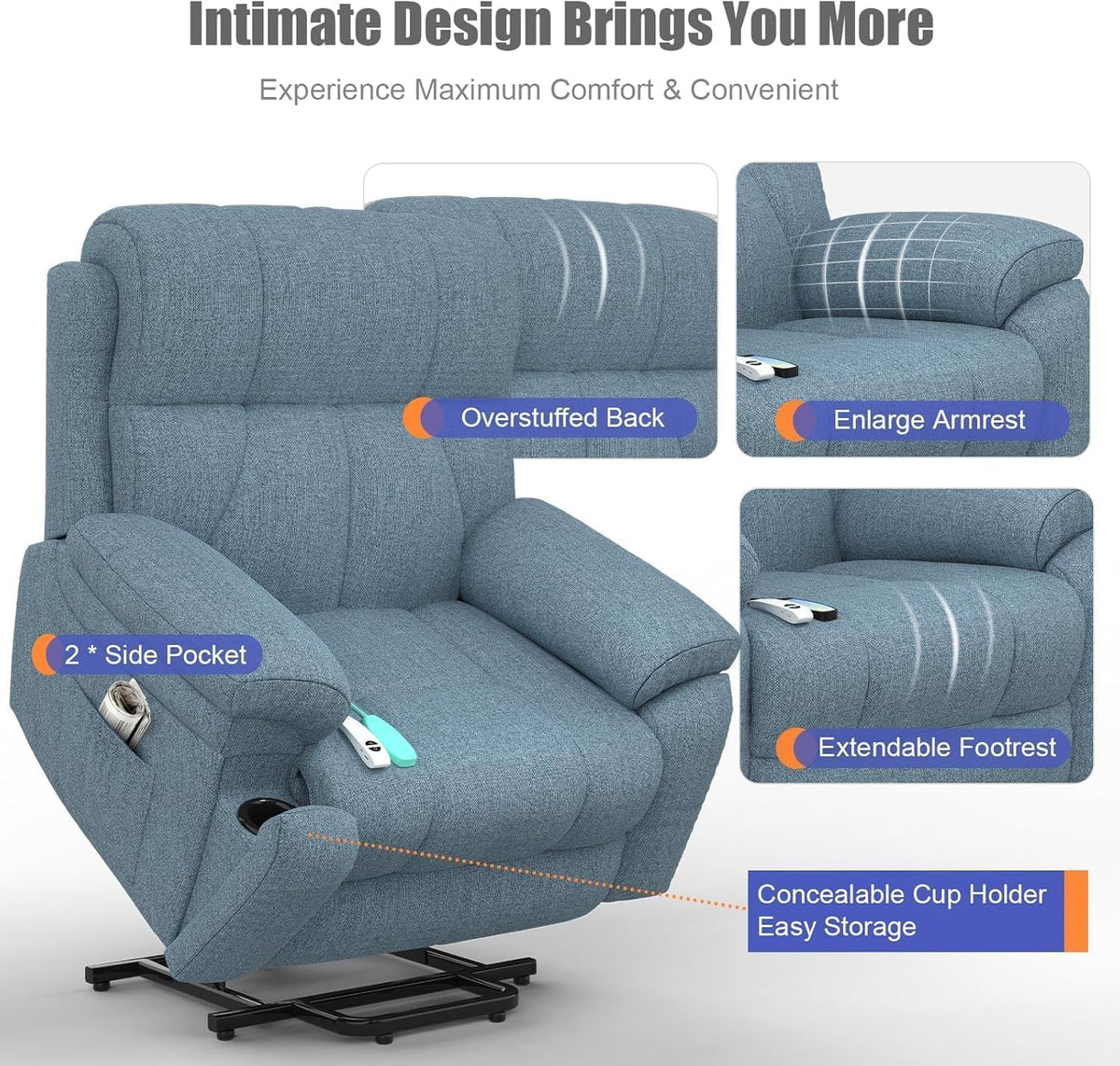 Power Lift Recliner Chair with 8-Point Massage, Heated Lumbar, Extended Footrest and USB Charging, Light Blue