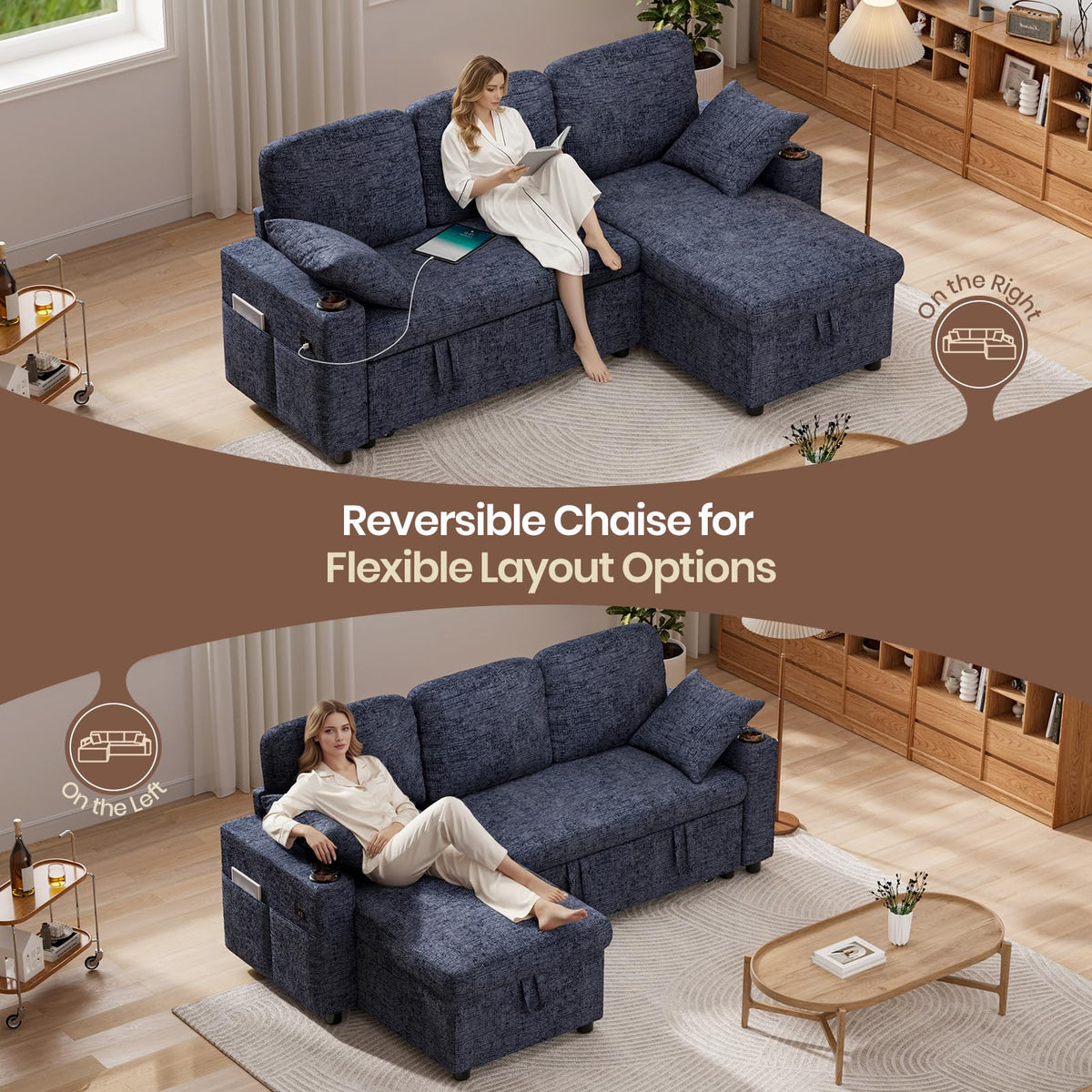 L-Shaped 3-Seater Corner Sofa Bed in Blue Chenille with USB Charging, Storage, Cup Holders and Cushions
