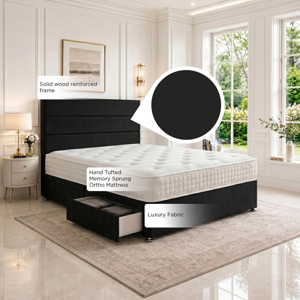 5ft King Size Divan Bed Set with Orthopaedic Mattress, 2 Storage Drawers and 26-Inch Headboard, Black