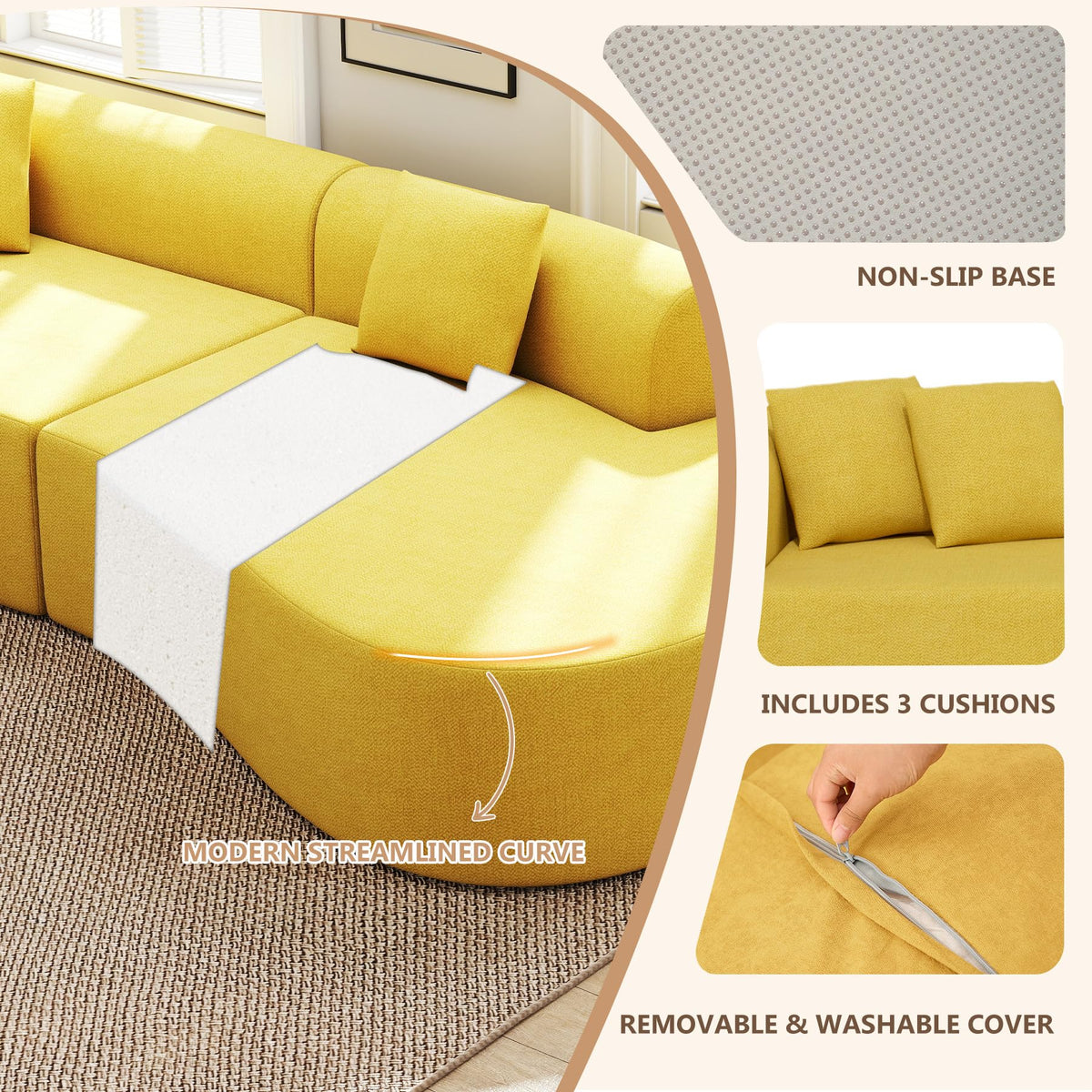 315cm Modular Boneless Corner Sofa in Yellow Chenille with Memory Foam Cushions and No Assembly Required