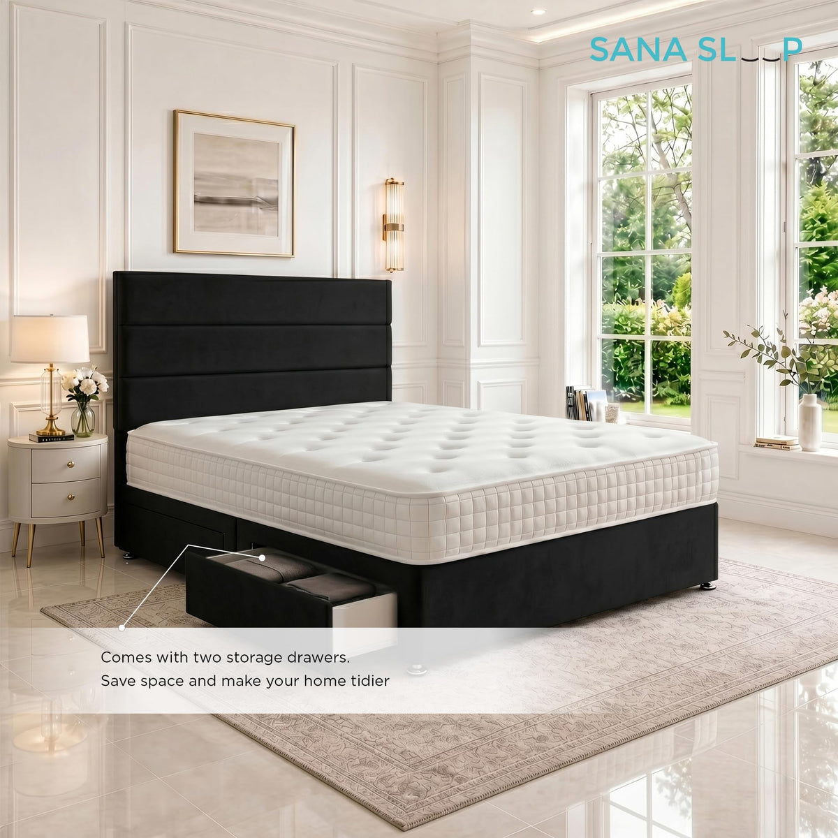 5ft King Size Divan Bed Set with Orthopaedic Mattress, 2 Storage Drawers and 26-Inch Headboard, Black