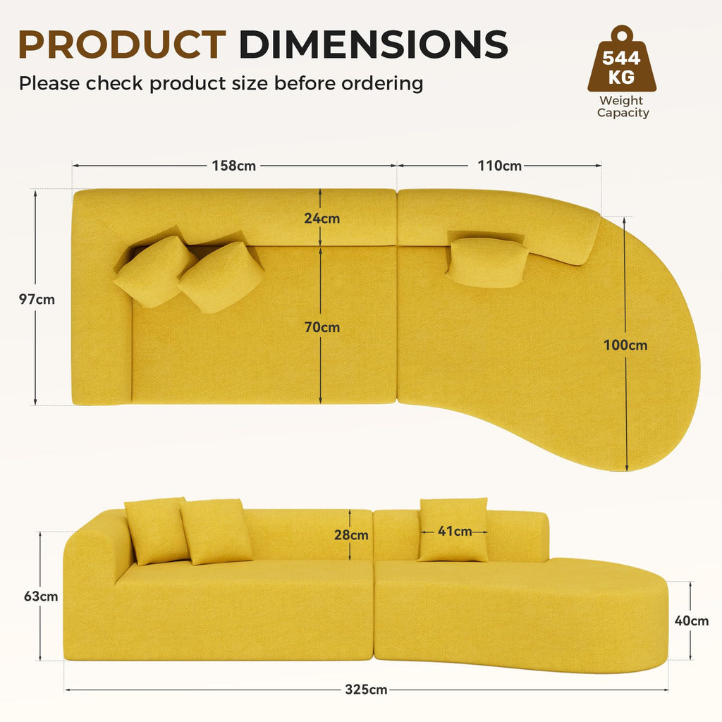 315cm Modular Boneless Corner Sofa in Yellow Chenille with Memory Foam Cushions and No Assembly Required