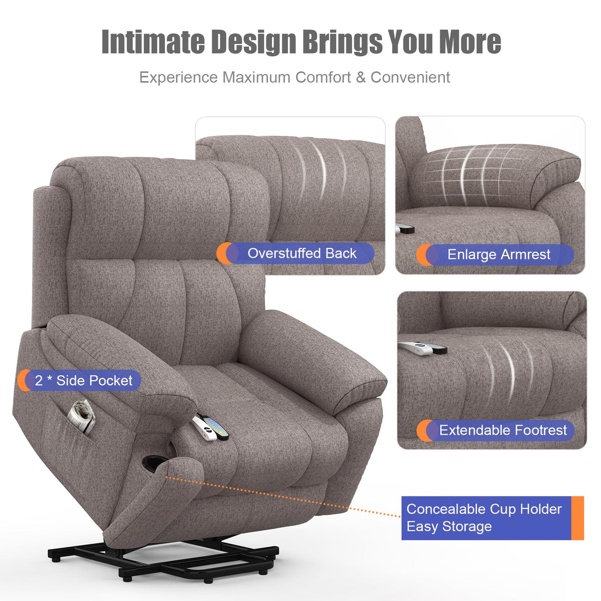 Power Lift Recliner Chair with 8-Point Massage, Heated Lumbar, Extended Footrest and USB Charging, Grey