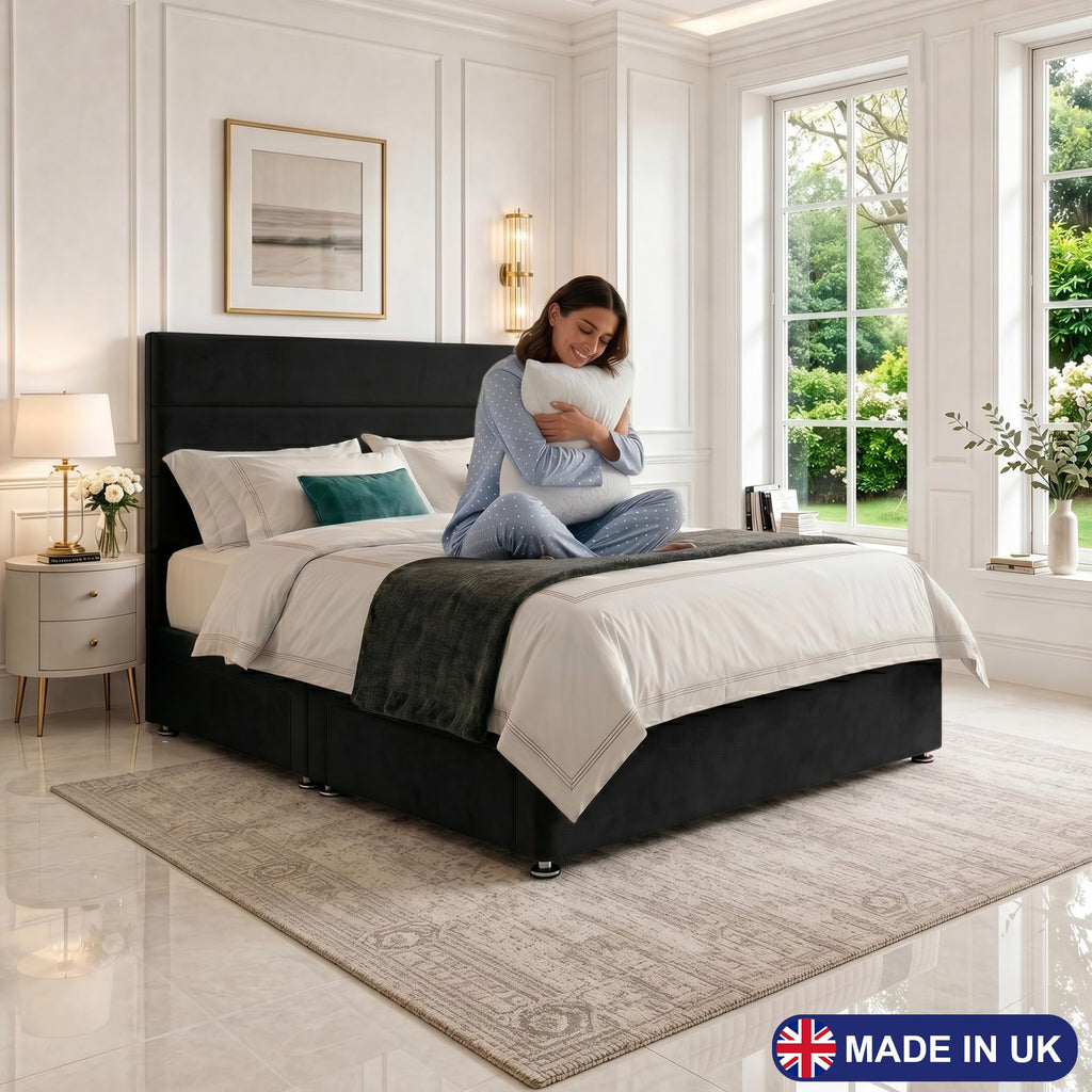 5ft King Size Divan Bed Set with Orthopaedic Mattress, 2 Storage Drawers and 26-Inch Headboard, Black